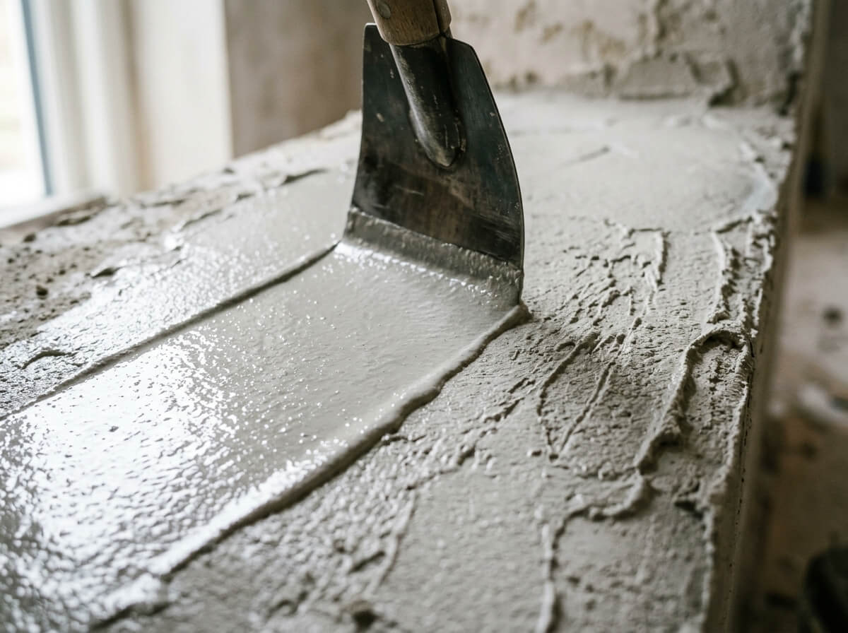 Stukadoor die een plafond glad afwerkt